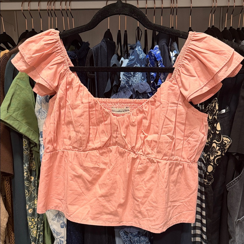 Abercrombie & Fitch Coral Pink Puff-Sleeve Crop Top